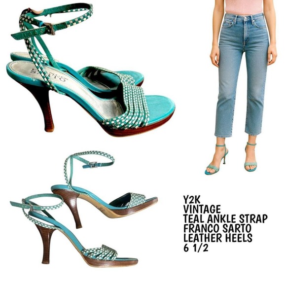 Y2K VTG. TEAL LEATHER WOVEN ANKLE STRAP FRANCO SARTO HEELS SANDALS SZ. 6 1/2 - Picture 1 of 6